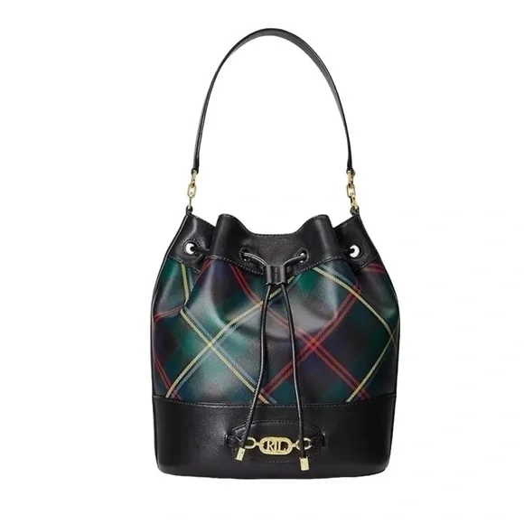 Ralph Lauren Andie Bucket Drawstring Plaid Leather Crossbody Bag